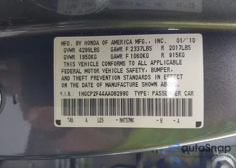 2010 Honda Accord 2.4 Lx-P from USA, damaged, VIN 1HGCP2F44AA082990
